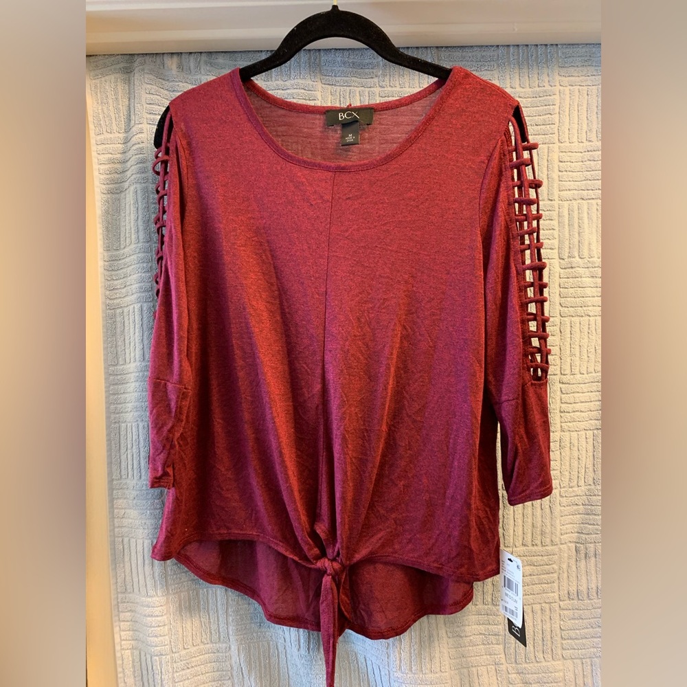 BCX WOMENS BORDEAUX LATTICE-SLEEVE TIE-FRONT TOP SIZE MEDIUM